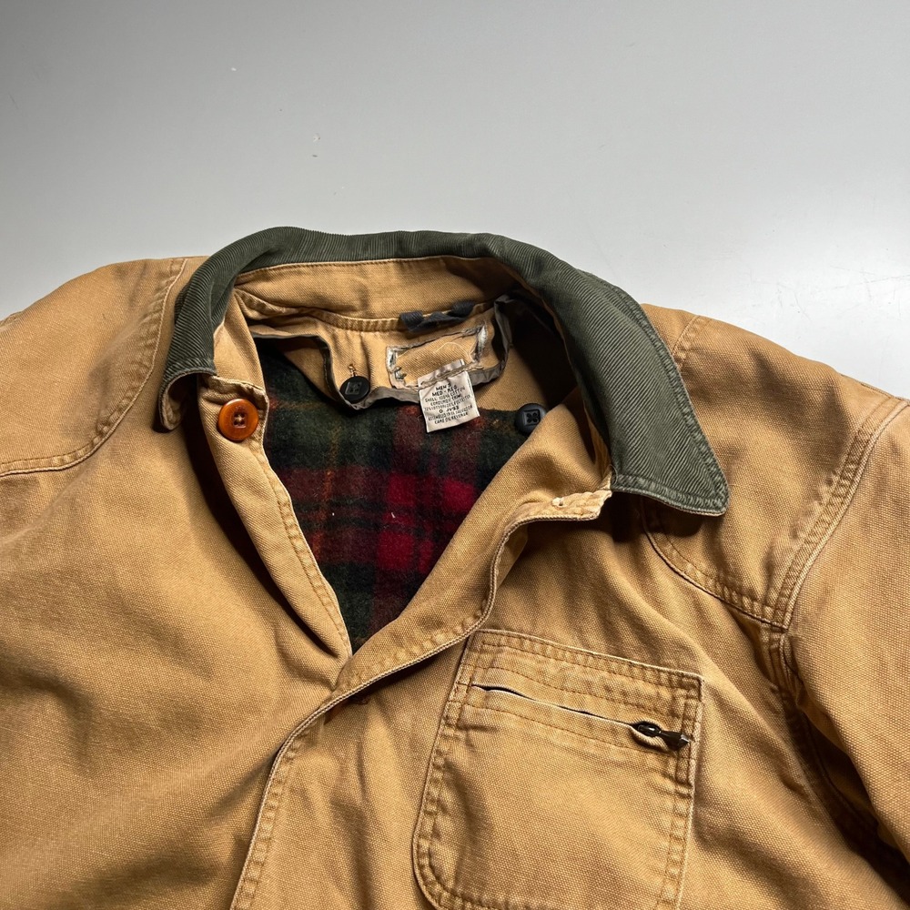 LL Bean Mens Medium Hunting Field Coat Tan Canvas Plaid Lined Corduroy Trim JV93 - Picture 8 of 13